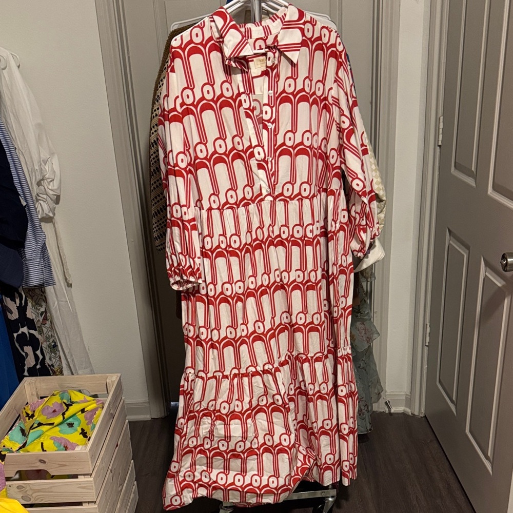 Anthropologie Red and White Patterned Dress Bettina